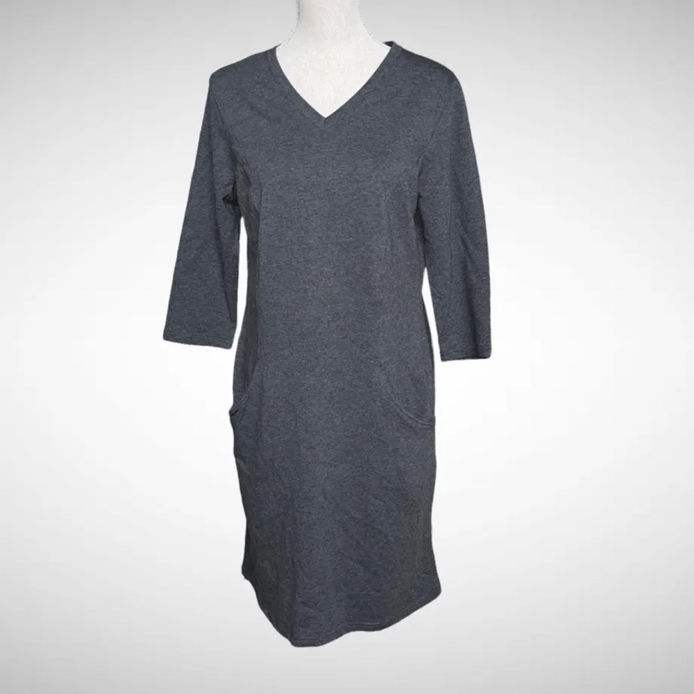 Denim & Co Active Gray French Terry Dress Womanโs size Medium Pockets V Neck